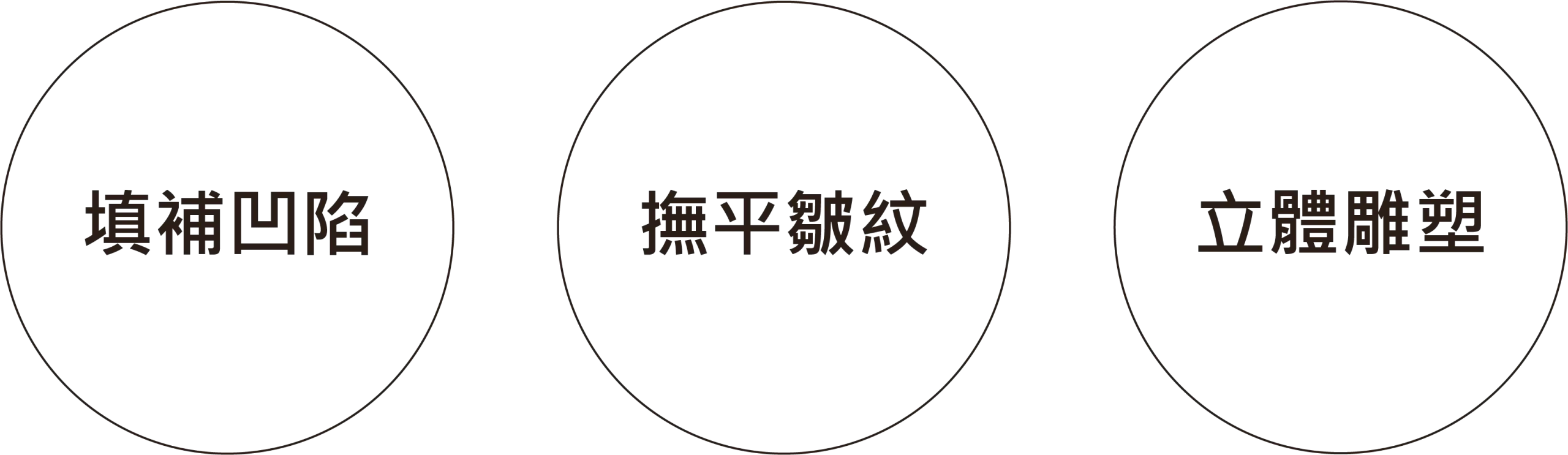 洢蓮絲三大主要療程功效圖示：填補凹陷、撫平皺紋、立體雕塑。
