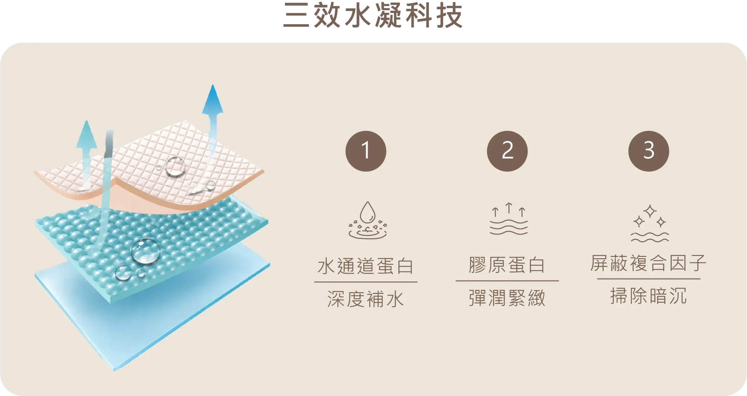 SKINVIVE 聚光針三效水凝科技原理：包含水通道蛋白深度補水、膠原蛋白使肌膚彈潤緊緻，以及屏蔽複合因子掃除暗沉。